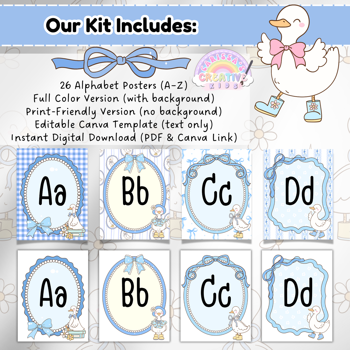 Alphabet posters A to H in silly goose theme with retro pastel designs and decorative frames; promotes instant digital download as a PDF for printing at home or through a professional print shop.
