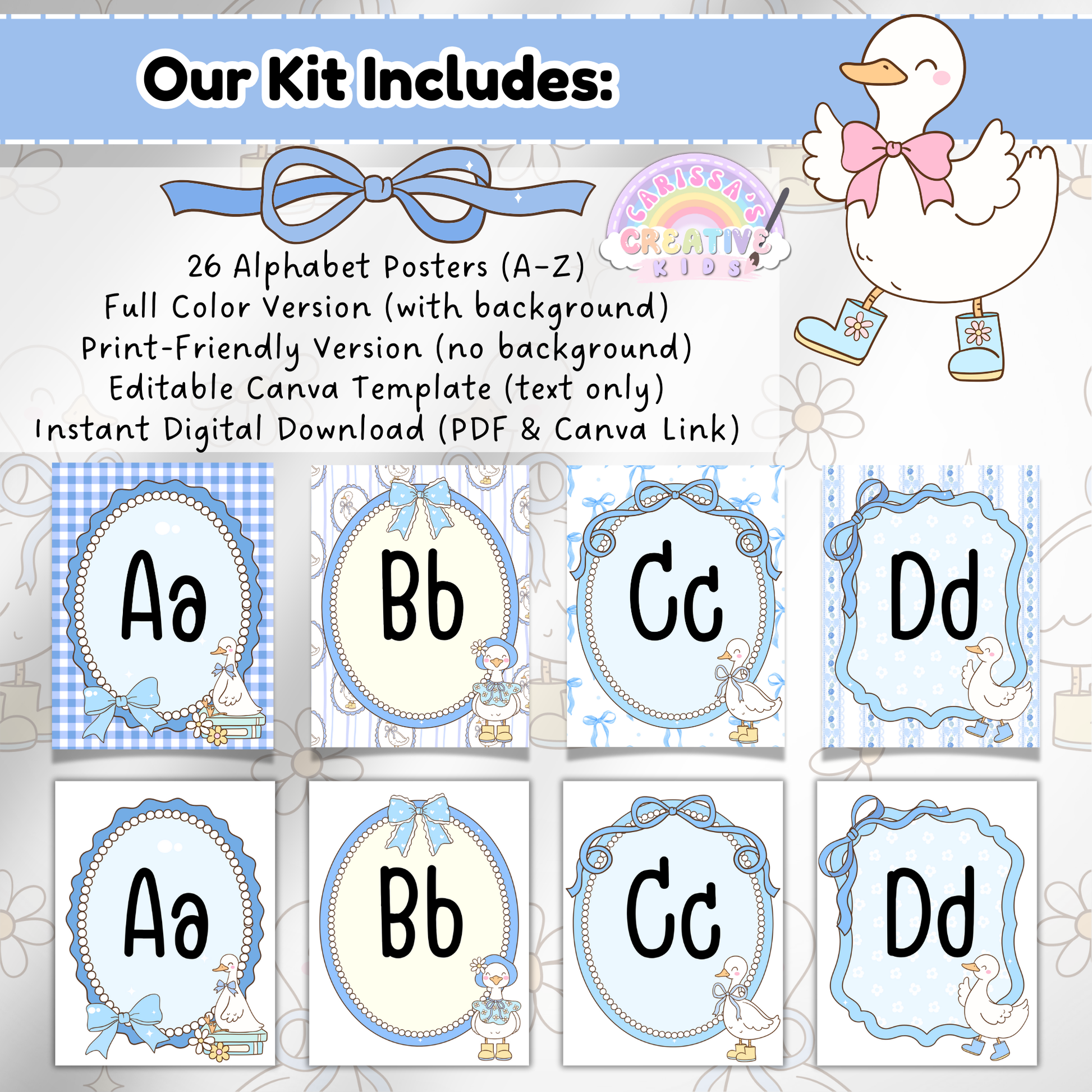 Alphabet posters A to H in silly goose theme with retro pastel designs and decorative frames; promotes instant digital download as a PDF for printing at home or through a professional print shop.