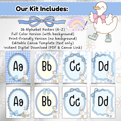 Alphabet posters A to H in silly goose theme with retro pastel designs and decorative frames; promotes instant digital download as a PDF for printing at home or through a professional print shop.