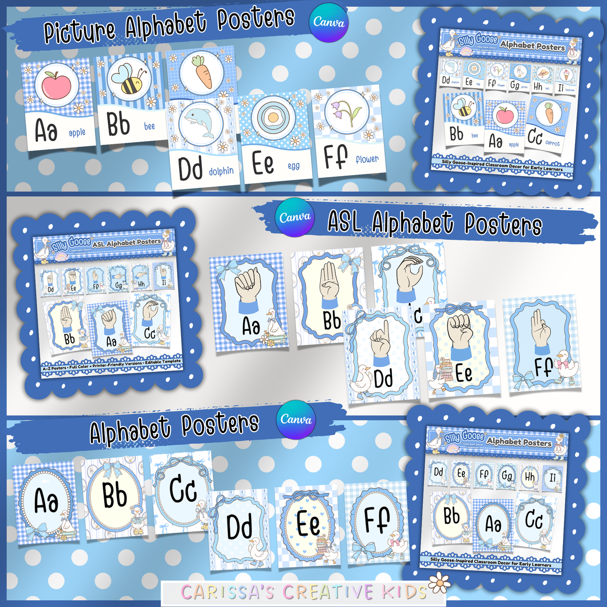 Silly Goose classroom decor bundle featuring printable picture alphabet posters, ASL alphabet posters, and classroom alphabet posters in blue gingham decor for preschool, kindergarten, and elementary classrooms.