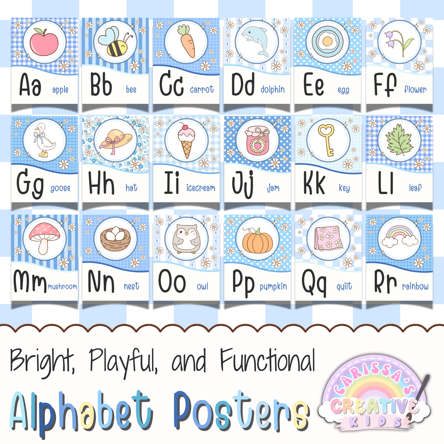 Silly Goose Alphabet Posters printable classroom decor featuring pastel blue A to Z alphabet wall art with object pictures, letter recognition posters, daycare decor, preschool posters, kindergarten classroom decor, and playroom wall art.