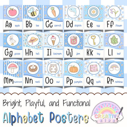 Silly Goose Alphabet Posters printable classroom decor featuring pastel blue A to Z alphabet wall art with object pictures, letter recognition posters, daycare decor, preschool posters, kindergarten classroom decor, and playroom wall art.