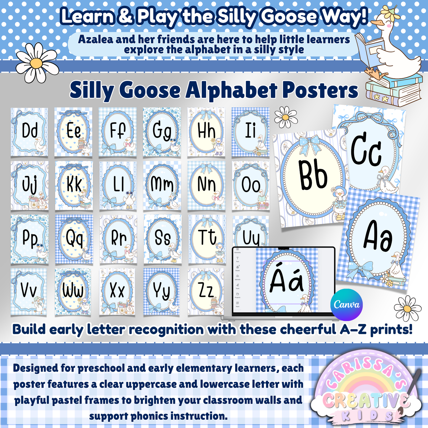 Blue gingham alphabet posters with uppercase and lowercase letters for preschool, daycare, and early elementary classroom decor.