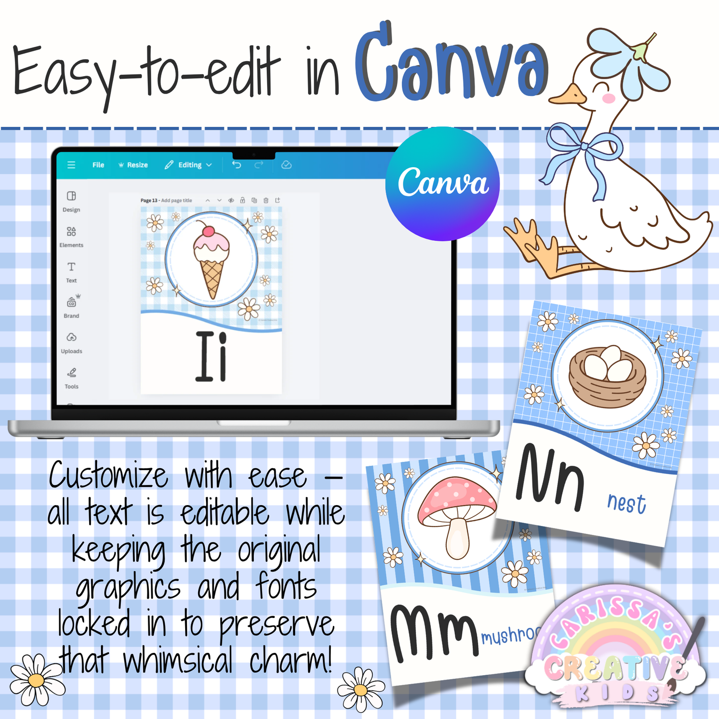 Silly Goose Alphabet Posters editable Canva template with pastel blue classroom decor, customizable alphabet wall art, daycare posters, kindergarten letter cards, nursery decor, and playroom wall art.