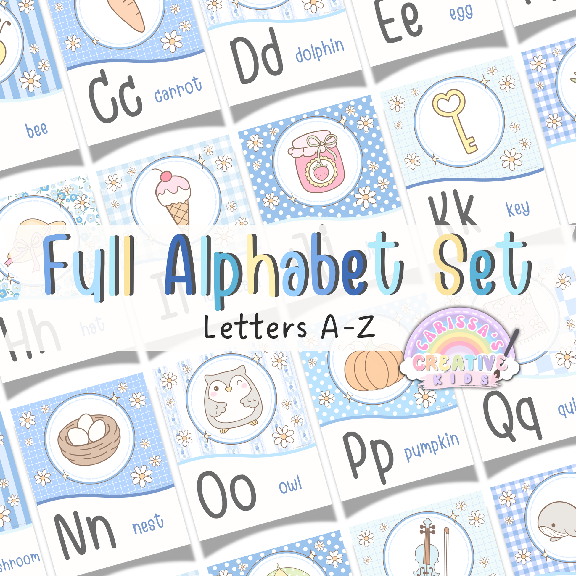 Silly Goose Alphabet Posters full alphabet set with pastel blue A to Z letter cards, picture and word alphabet posters, printable classroom decor, daycare decor, kindergarten wall art, nursery decor, and playroom wall art.