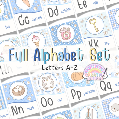 Silly Goose Alphabet Posters full alphabet set with pastel blue A to Z letter cards, picture and word alphabet posters, printable classroom decor, daycare decor, kindergarten wall art, nursery decor, and playroom wall art.
