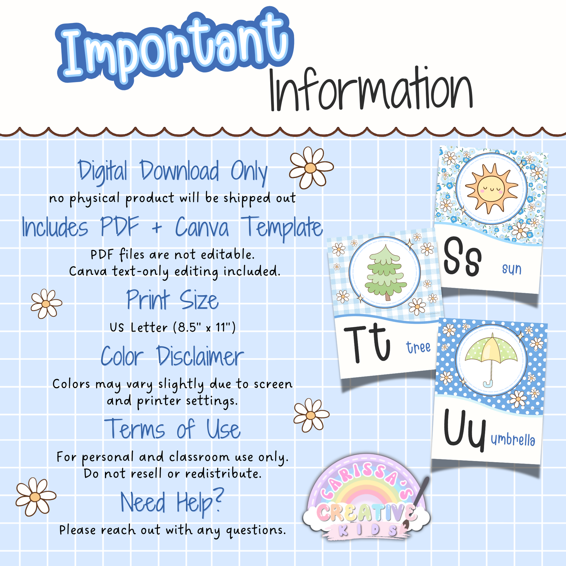Important information for Silly Goose Alphabet Posters, including digital download PDF and Canva template, US Letter print size, color disclaimer, personal classroom use, and pastel alphabet classroom decor.