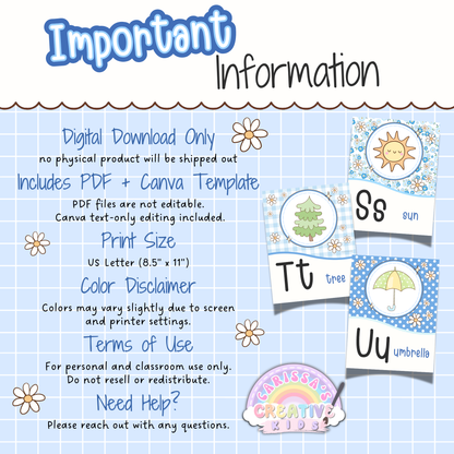 Important information for Silly Goose Alphabet Posters, including digital download PDF and Canva template, US Letter print size, color disclaimer, personal classroom use, and pastel alphabet classroom decor.