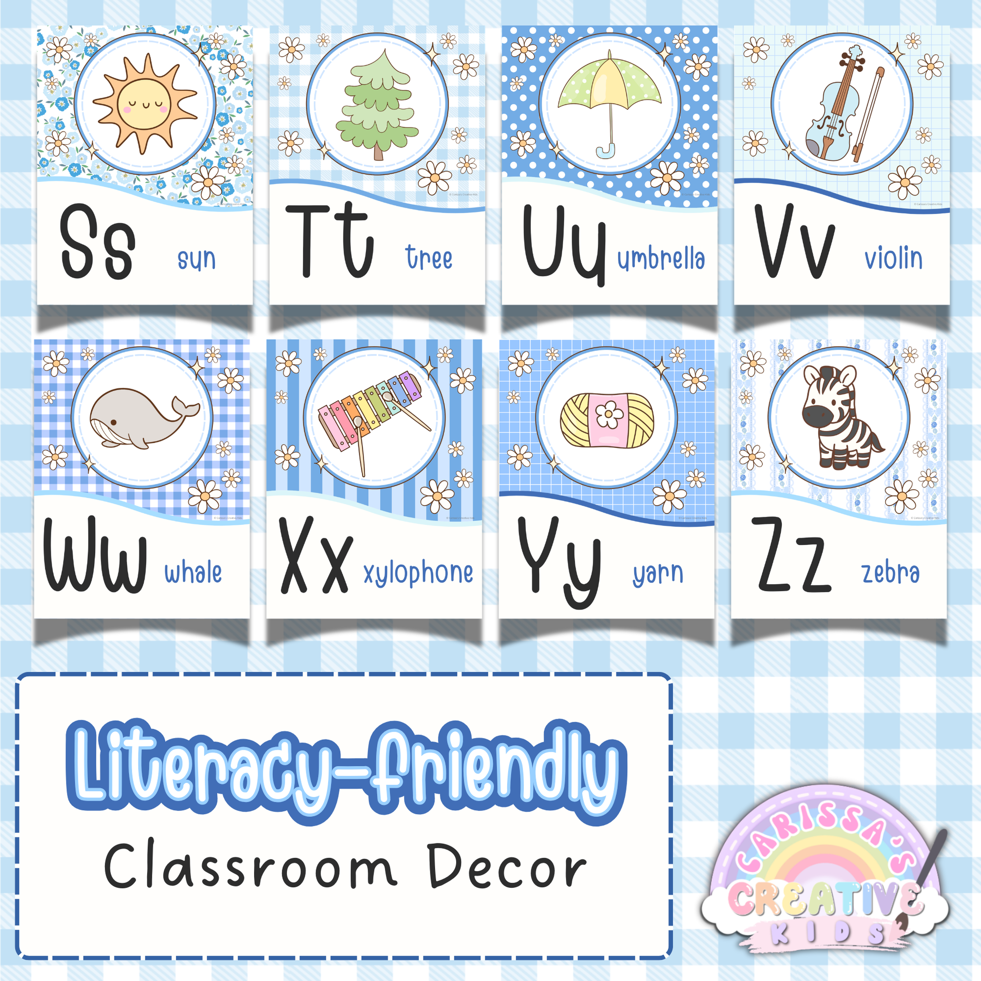 Silly Goose Alphabet Posters printable classroom decor featuring pastel blue S to Z letter cards, picture and word alphabet posters, literacy-friendly classroom decor, daycare decor, kindergarten wall art, and playroom posters.