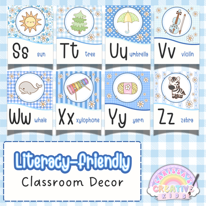 Silly Goose Alphabet Posters printable classroom decor featuring pastel blue S to Z letter cards, picture and word alphabet posters, literacy-friendly classroom decor, daycare decor, kindergarten wall art, and playroom posters.
