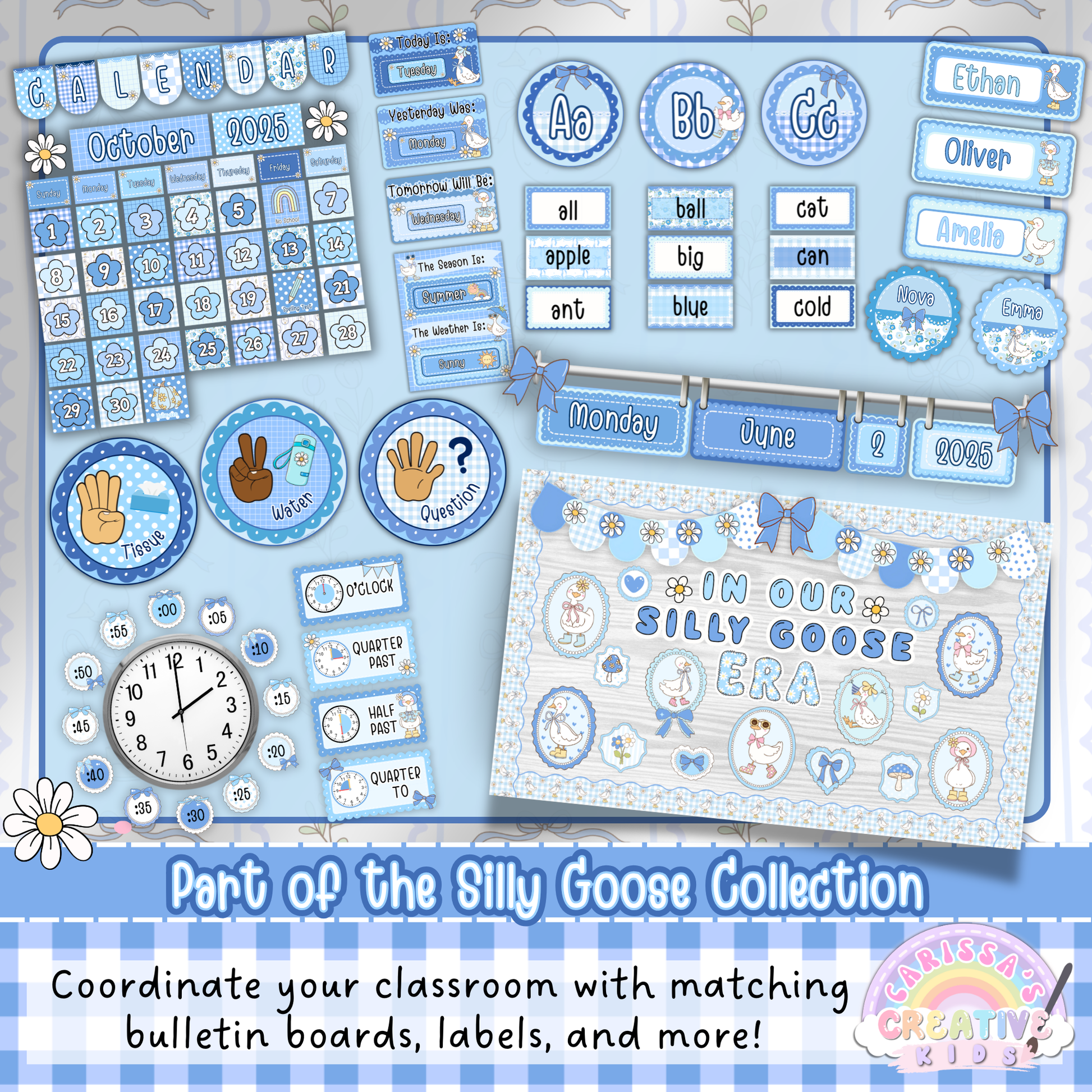 Silly Goose Alphabet Posters shown as part of the Silly Goose classroom decor collection with matching calendar display, bulletin boards, labels, name tags, and pastel blue daycare or kindergarten classroom decor.