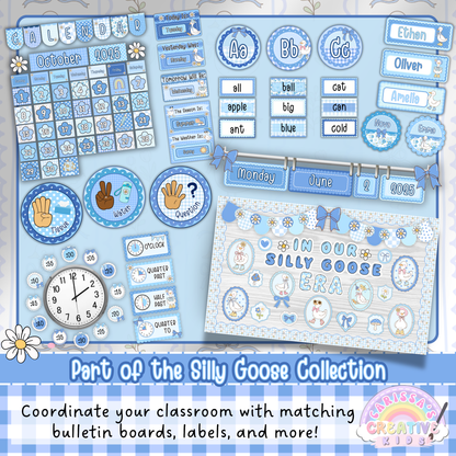 Silly Goose Alphabet Posters shown as part of the Silly Goose classroom decor collection with matching calendar display, bulletin boards, labels, name tags, and pastel blue daycare or kindergarten classroom decor.