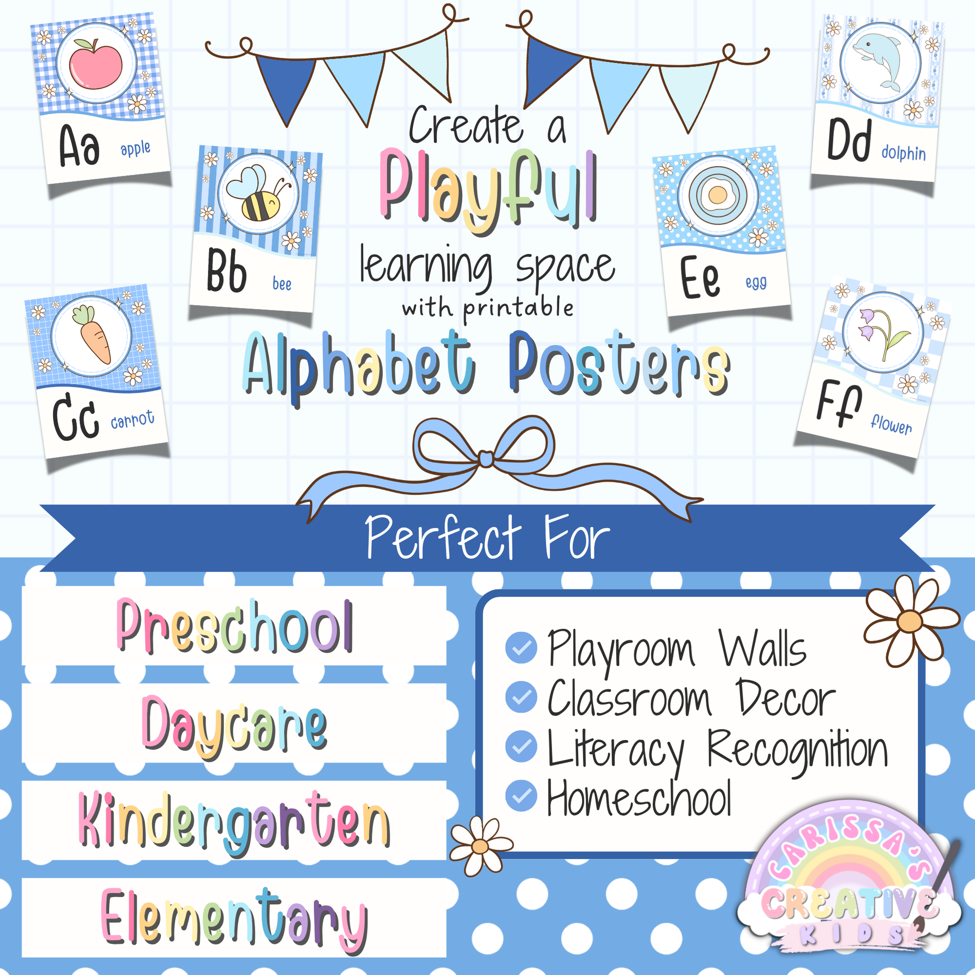 Silly Goose Alphabet Posters printable classroom decor for preschool, daycare, kindergarten, and elementary classrooms, featuring pastel blue ABC wall art, playroom decor, literacy recognition, and homeschool learning spaces.