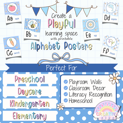 Silly Goose Alphabet Posters printable classroom decor for preschool, daycare, kindergarten, and elementary classrooms, featuring pastel blue ABC wall art, playroom decor, literacy recognition, and homeschool learning spaces.