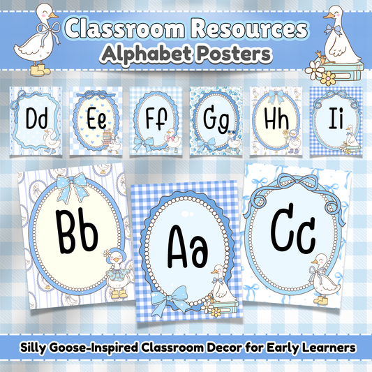 Alphabet posters for classroom decor featuring pastel blue gingham and vintage-style silly goose illustrations; includes letters A through Z in a soft Vintage retro classroom theme perfect for daycare, preschool, or playroom wall decor.