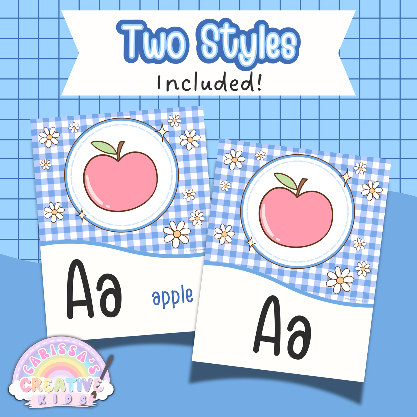 Silly Goose Alphabet Posters with two included styles, featuring pastel blue apple alphabet cards with picture and word options, printable classroom decor, daycare decor, preschool posters, kindergarten wall art, and playroom decor.