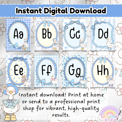 Alphabet posters A to H in silly goose theme with retro pastel designs and decorative frames; promotes instant digital download as a PDF for printing at home or through a professional print shop.