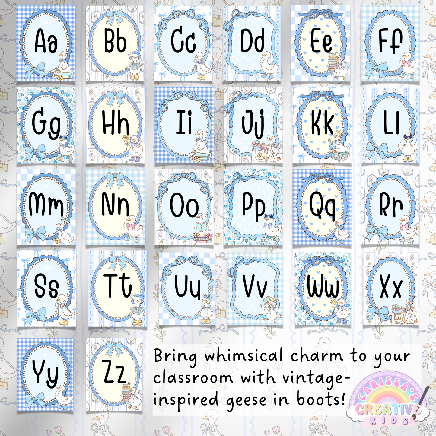 Full alphabet poster set displayed in a vintage silly goose theme with soft pastel blue patterns and geese wearing boots; perfect for retro classroom decor, daycare walls, or preschool learning spaces.