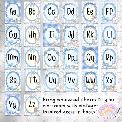 Full alphabet poster set displayed in a vintage silly goose theme with soft pastel blue patterns and geese wearing boots; perfect for retro classroom decor, daycare walls, or preschool learning spaces.