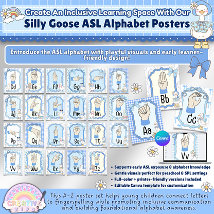 Printable ASL alphabet posters with fingerspelling and pastel designs for inclusive preschool, daycare, or playroom learning spaces.