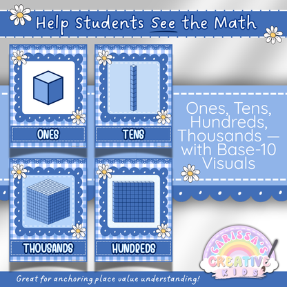 Set of four place value posters with base-10 visuals for ones, tens, hundreds, and thousands. Features a blue gingham and daisy design, perfect for helping elementary students visualize math concepts in a cheerful classroom setting.