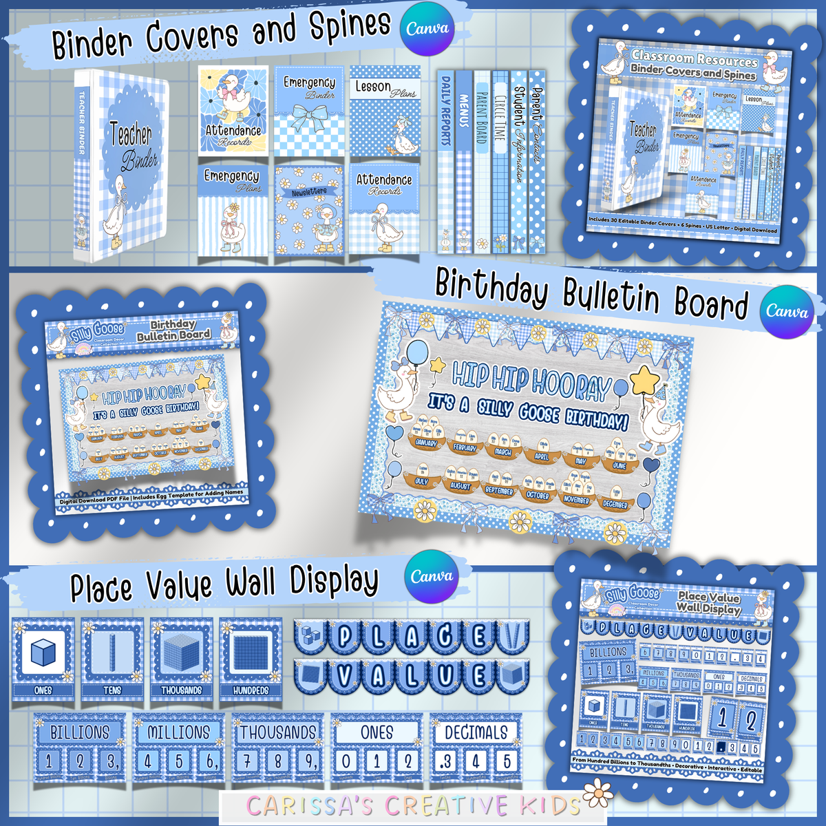 Silly Goose classroom decor bundle featuring printable binder covers and spines, a birthday bulletin board display, and place value wall resources in blue gingham classroom decor for preschool, kindergarten, and elementary classrooms.