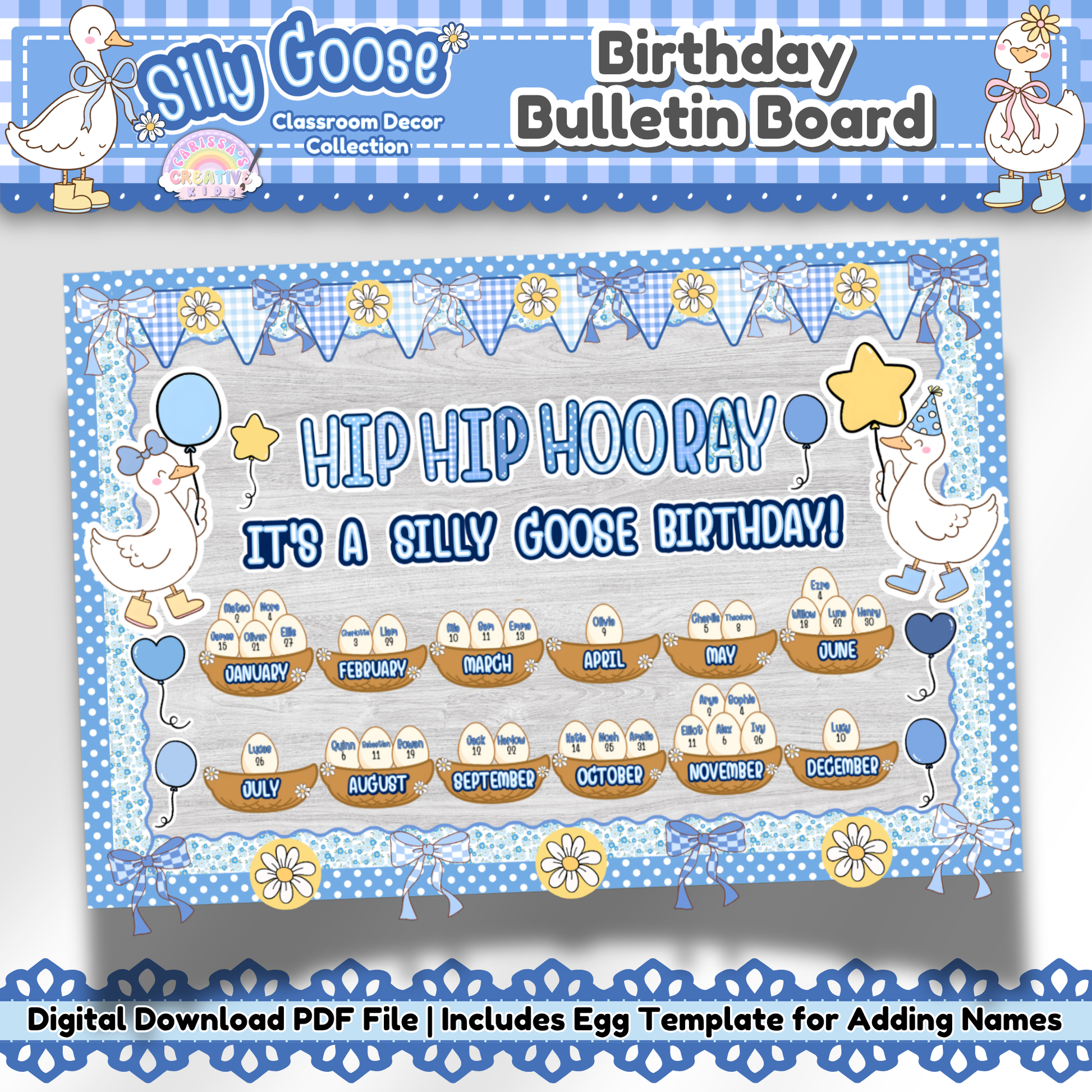 Silly Goose birthday bulletin board for classroom with editable student name eggs and monthly headers