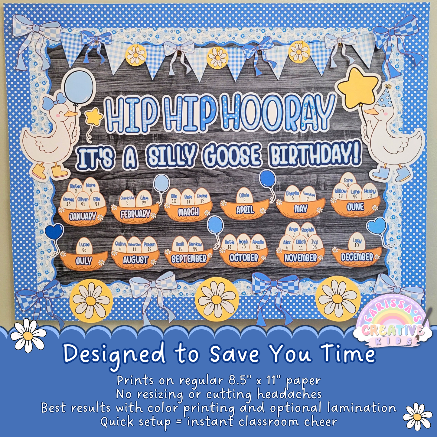 Silly Goose birthday chart for classroom with editable name eggs and months, easy to print and display