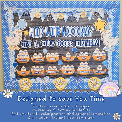 Silly Goose birthday chart for classroom with editable name eggs and months, easy to print and display