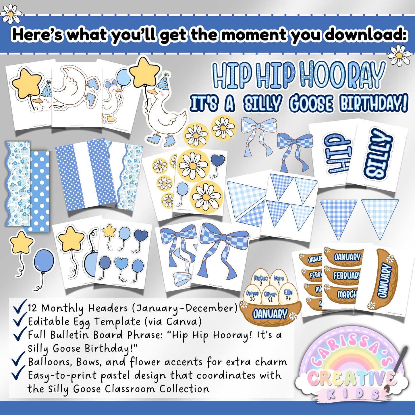 Silly Goose birthday board kit with editable Canva eggs, month headers, and printable classroom decor accents