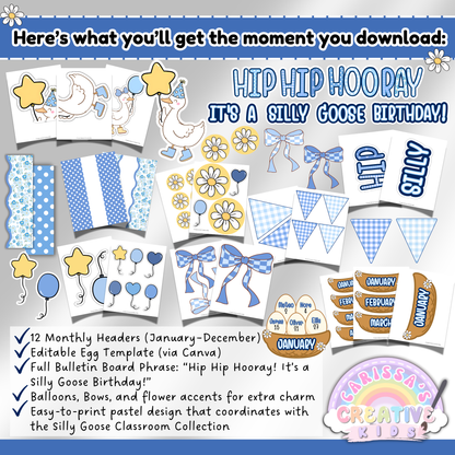 Silly Goose birthday board kit with editable Canva eggs, month headers, and printable classroom decor accents