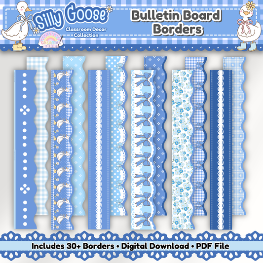 Main product image of Silly Goose Bulletin Board Borders set. Includes 35 printable scalloped and straight border strips in blue gingham, floral, and goose designs. Perfect for preschool bulletin boards, daycare decor, nursery classrooms, and elementary classroom decoration.