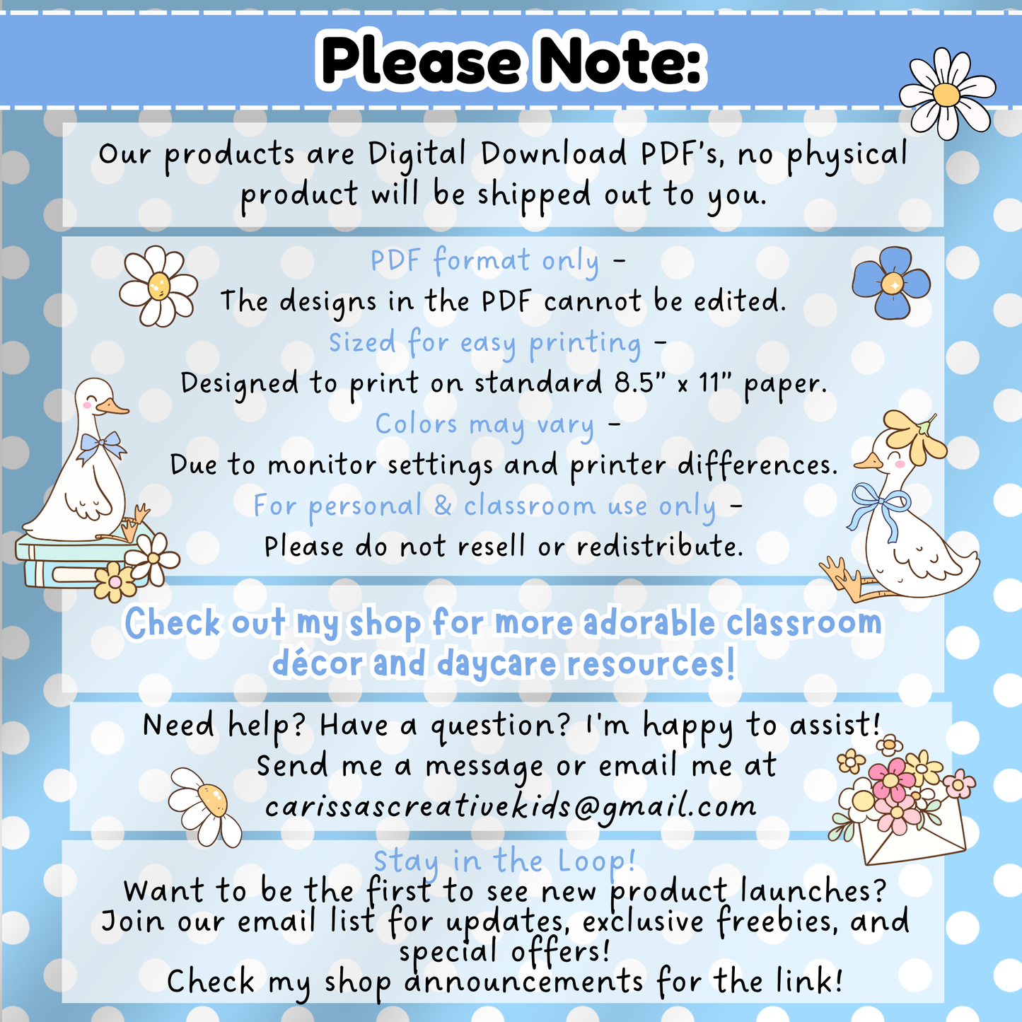 Please note page for Silly Goose Bulletin Board Borders. States product is a digital download only, PDF format, prints on US Letter 8.5" x 11", colors may vary, and for personal or classroom use only. No physical product shipped.