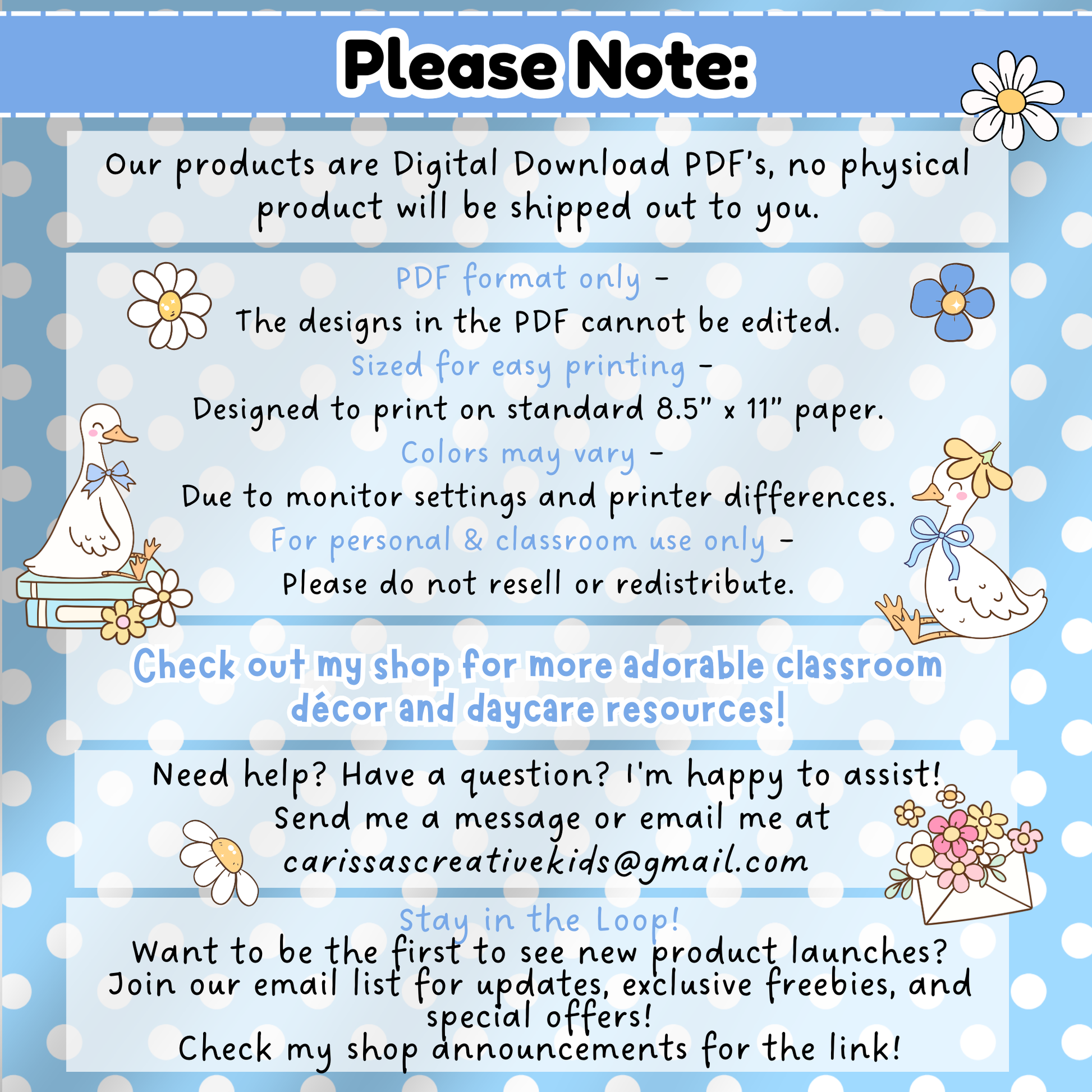 Please note page for Silly Goose Bulletin Board Borders. States product is a digital download only, PDF format, prints on US Letter 8.5" x 11", colors may vary, and for personal or classroom use only. No physical product shipped.