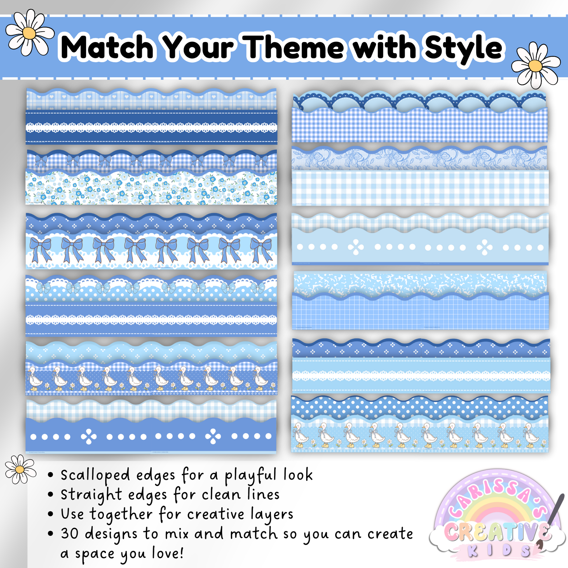 Close-up of Silly Goose Bulletin Board Borders in scalloped and straight edge styles, featuring blue gingham, florals, bows, and goose patterns. Includes 48 printable designs to mix and match for preschool decor, daycare bulletin boards, nursery themes, and elementary classroom decoration.