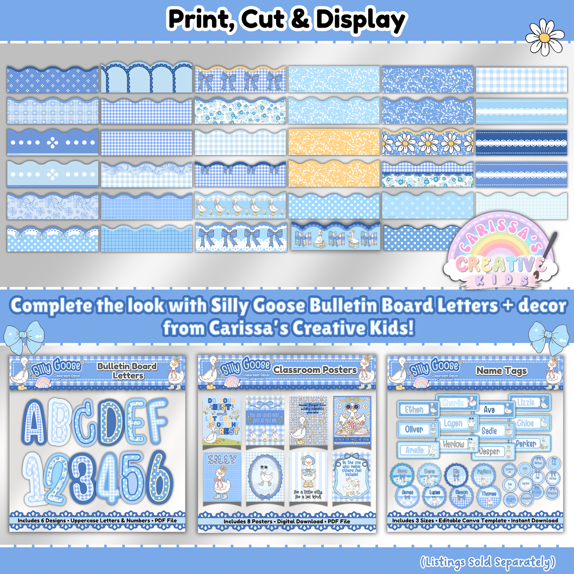 Silly Goose Bulletin Board Borders printable pack displayed in 35 designs with scalloped and straight edges. Easy print, cut, and display format for classroom bulletin boards. Coordinates perfectly with Silly Goose bulletin board letters, posters, and name tags (sold separately). Ideal for preschool decor, daycare, nursery, and back-to-school classroom themes.