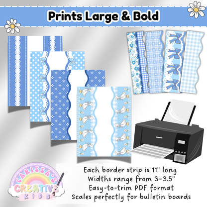 Printable Silly Goose Bulletin Board Borders shown in scalloped and straight designs with blue gingham, floral, and goose patterns. Each border strip is 11 inches long by 3–3.5 inches wide, formatted as a PDF for easy printing and trimming. Perfect for preschool bulletin boards, daycare, nursery decor, and back-to-school classroom themes.