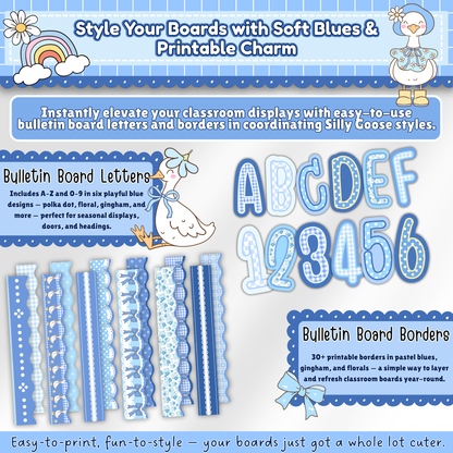 Printable blue bulletin board letters and borders from the Silly Goose Classroom Decor set, featuring playful pastel gingham styles for classroom displays and seasonal headings.