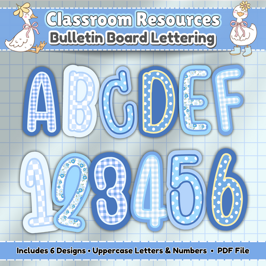 Printable bulletin board letters in six blue gingham and pastel designs. Includes uppercase A–Z letters and numbers 0–9 for classroom decor, bulletin board displays, and door decoration. Perfect for Silly Goose decor, preschool, and daycare themes. Designed for easy cutting and instant download.