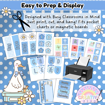 Classroom calendar printables laid out on a blue polka-dot background, featuring editable headers, numbers, and weather cards. Designed with busy preschool and daycare teachers in mind—print, cut, and hang. Compatible with magnetic boards and pocket charts. A cheerful Silly Goose theme for engaging, low-prep classroom decor.