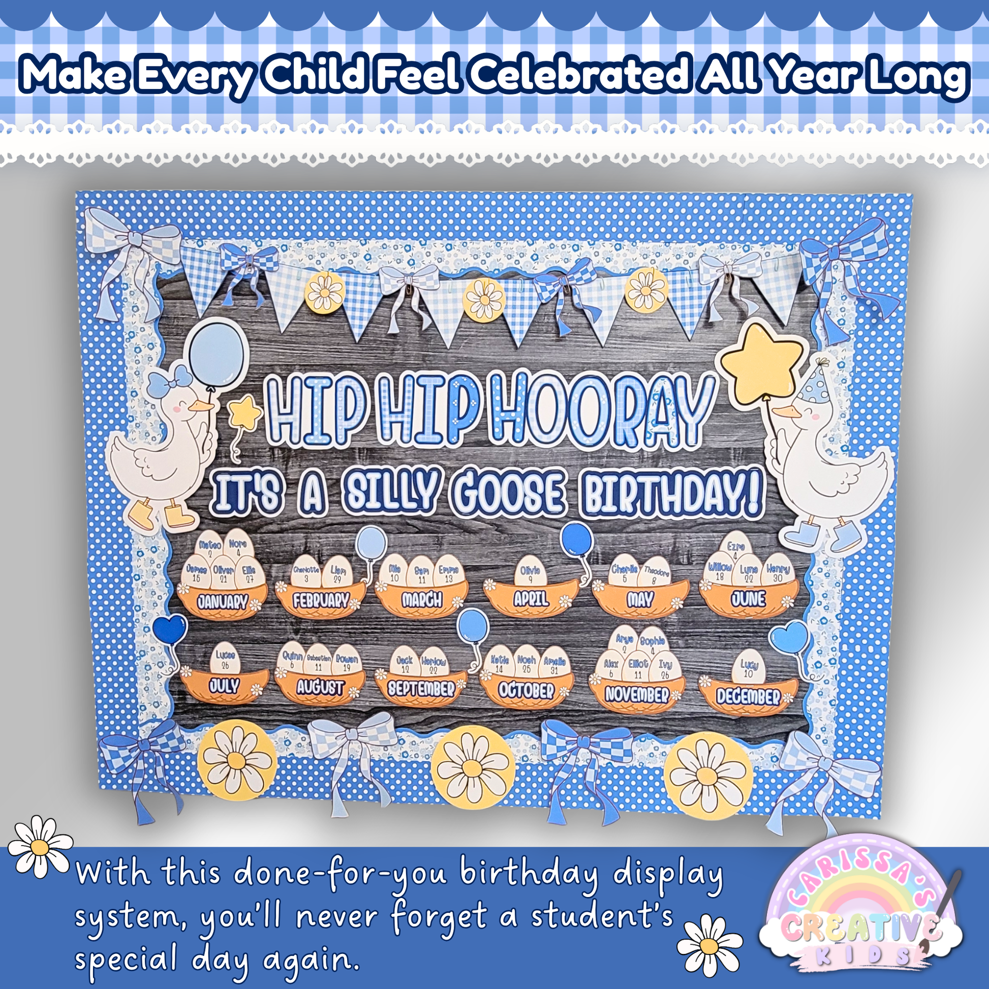 Silly Goose classroom birthday display board with editable name eggs and monthly labels for preschool or daycare