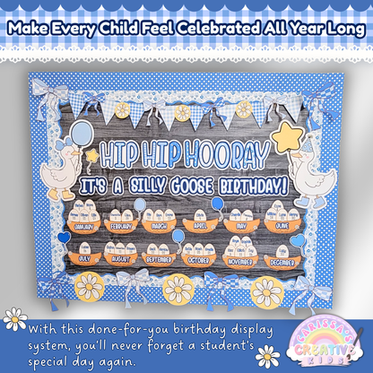 Silly Goose classroom birthday display board with editable name eggs and monthly labels for preschool or daycare
