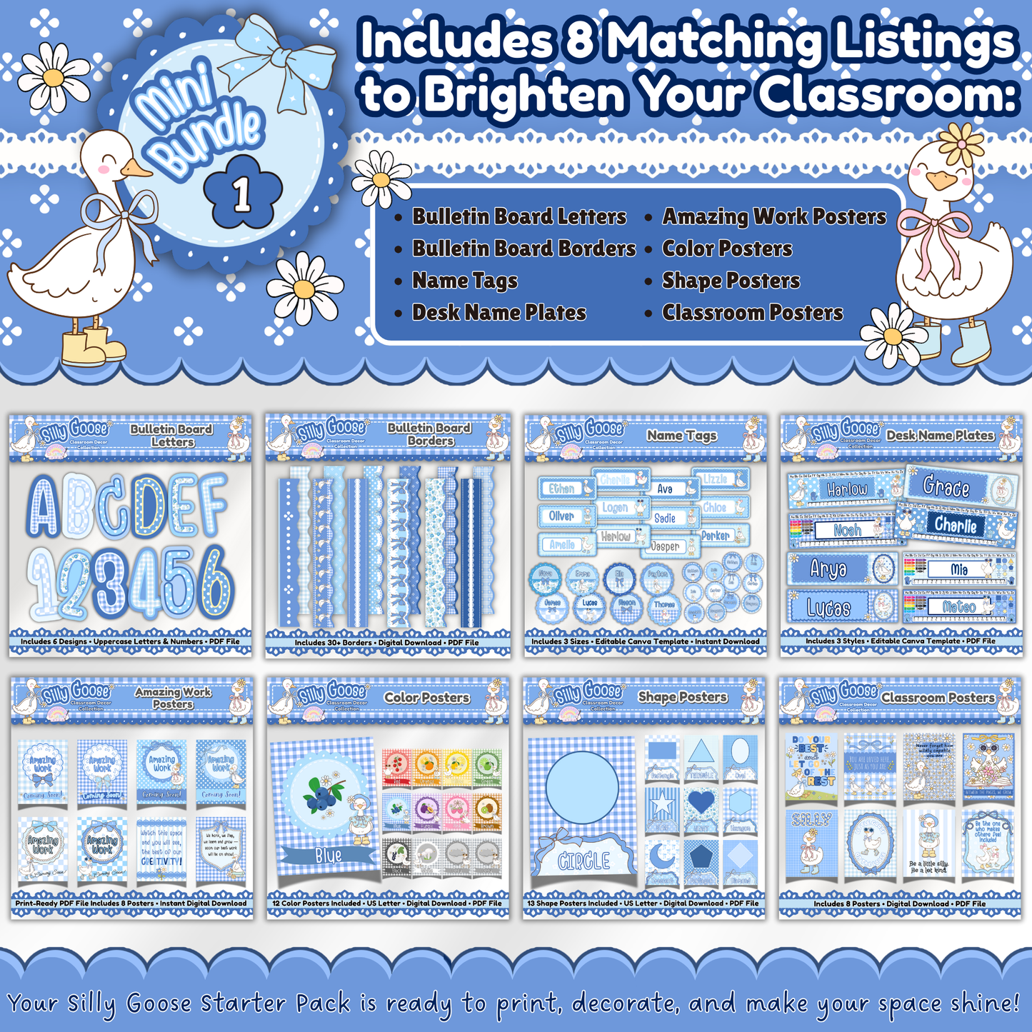 Overview of Silly Goose Classroom Decor Bundle with 8 matching printables including bulletin board letters, borders, name tags, desk name plates, classroom posters, color posters, shape posters, and amazing work displays in a pastel gingham theme.