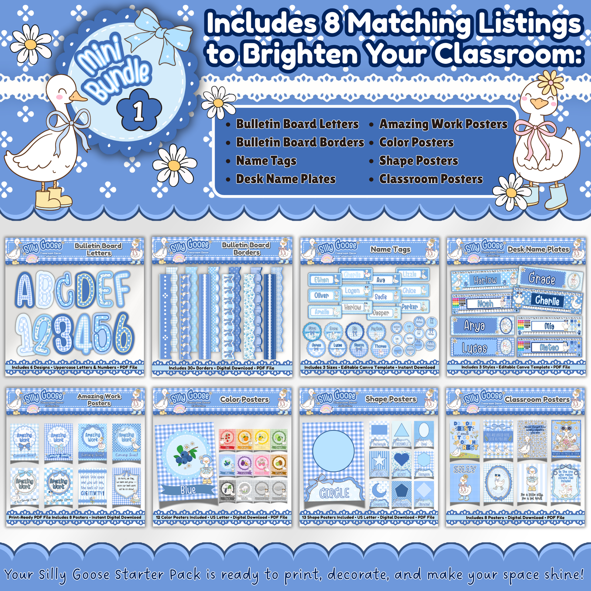 Overview of Silly Goose Classroom Decor Bundle with 8 matching printables including bulletin board letters, borders, name tags, desk name plates, classroom posters, color posters, shape posters, and amazing work displays in a pastel gingham theme.
