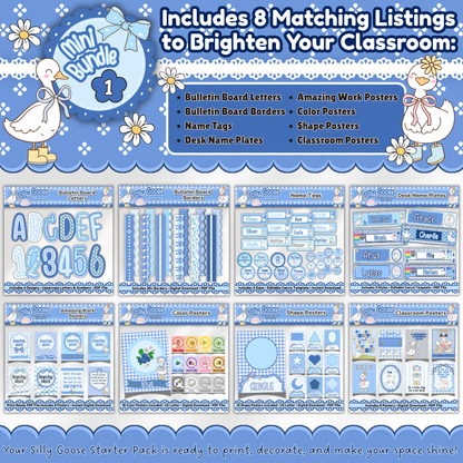 Overview of Silly Goose Classroom Decor Bundle with 8 matching printables including bulletin board letters, borders, name tags, desk name plates, classroom posters, color posters, shape posters, and amazing work displays in a pastel gingham theme.