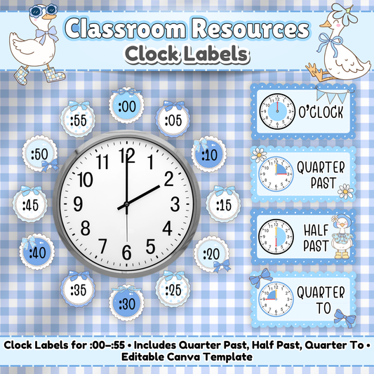 Classroom clock labels in a silly goose theme with blue gingham background, showing numbers from :00 to :55 around a clock face and labeled sections for o’clock, quarter past, half past, and quarter to; includes editable Canva template.