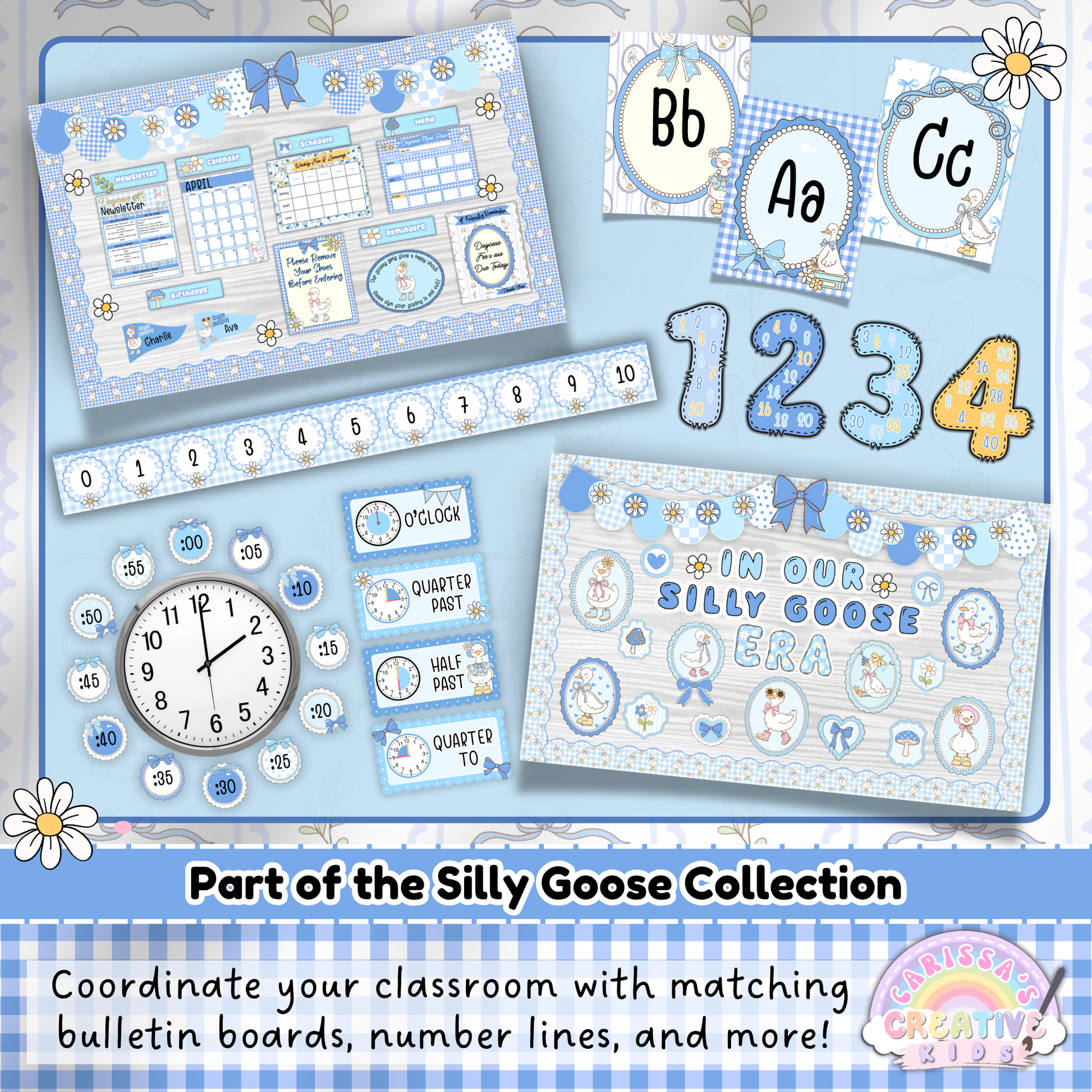 Matching Silly Goose Classroom Decor – Bulletin Board, Number Line, Alphabet Cards, Clock Labels, and More