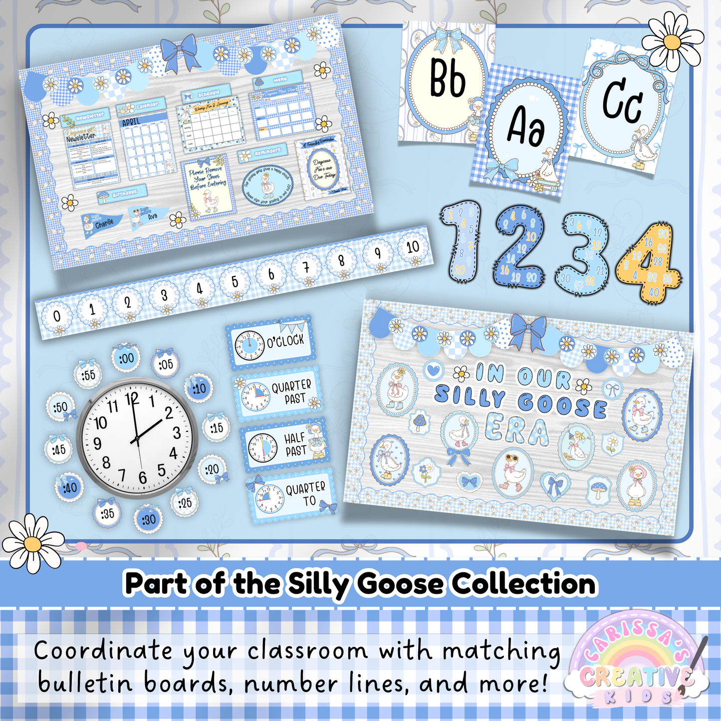 Coordinate your classroom with the full Silly Goose Collection—featuring matching bulletin board decor, number lines, alphabet posters, clocks, and more! Designed in soft blues and gingham patterns, this cohesive theme is perfect for brightening up elementary spaces with playful style.