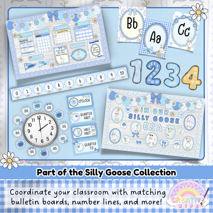 Coordinate your classroom with the full Silly Goose Collection—featuring matching bulletin board decor, number lines, alphabet posters, clocks, and more! Designed in soft blues and gingham patterns, this cohesive theme is perfect for brightening up elementary spaces with playful style.