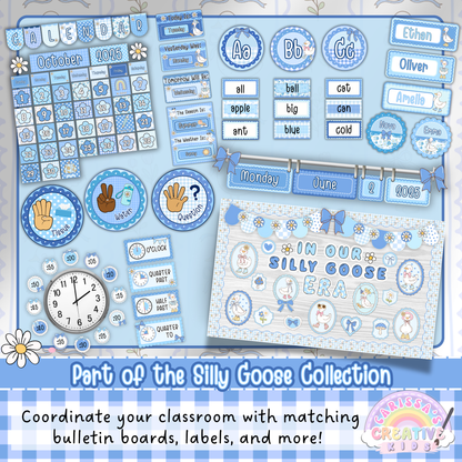 Coordinated Silly Goose classroom decor set featuring calendar, bulletin boards, labels, clock visuals, and more in a blue gingham theme. Perfect for matching classroom themes across grade levels.